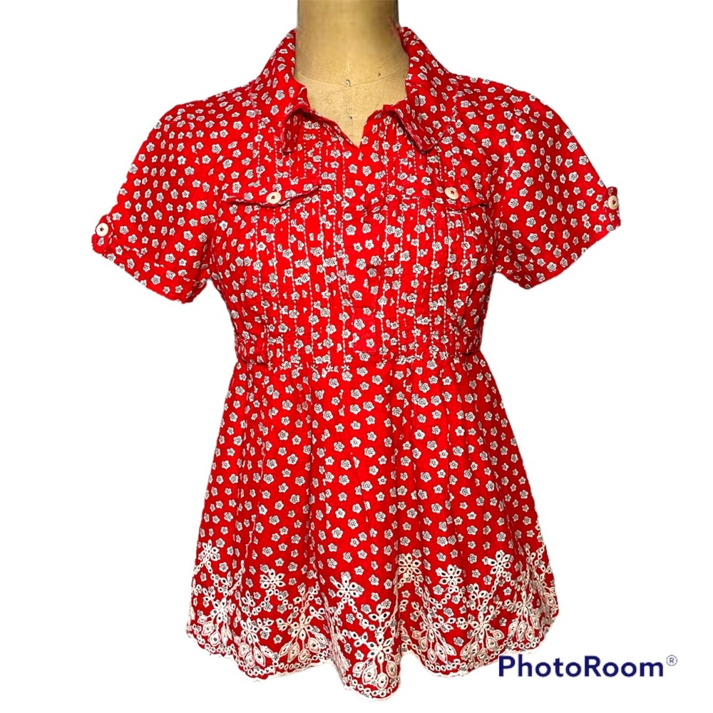 Free People red floral print blouse with eyelet hem size S